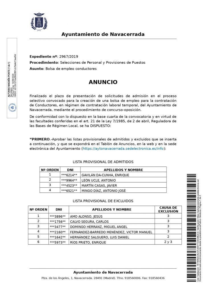Listado provisional de admitidos y excluidos bolsa conductores page 0001