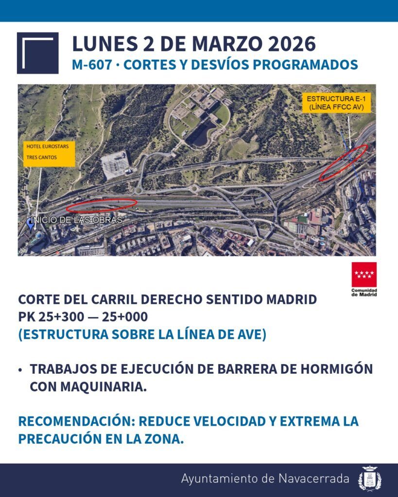 Cortes y desvíos en la M-607: Semana del 2 al 6 de marzo de 2026
