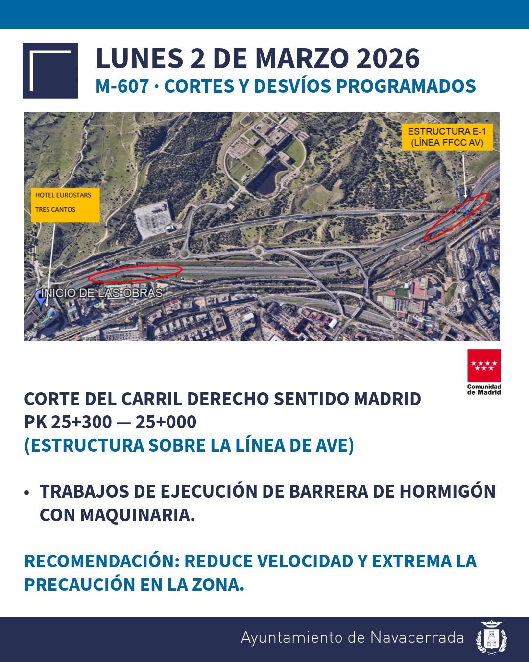 Cortes y desvíos en la M-607: Semana del 2 al 6 de marzo de 2026