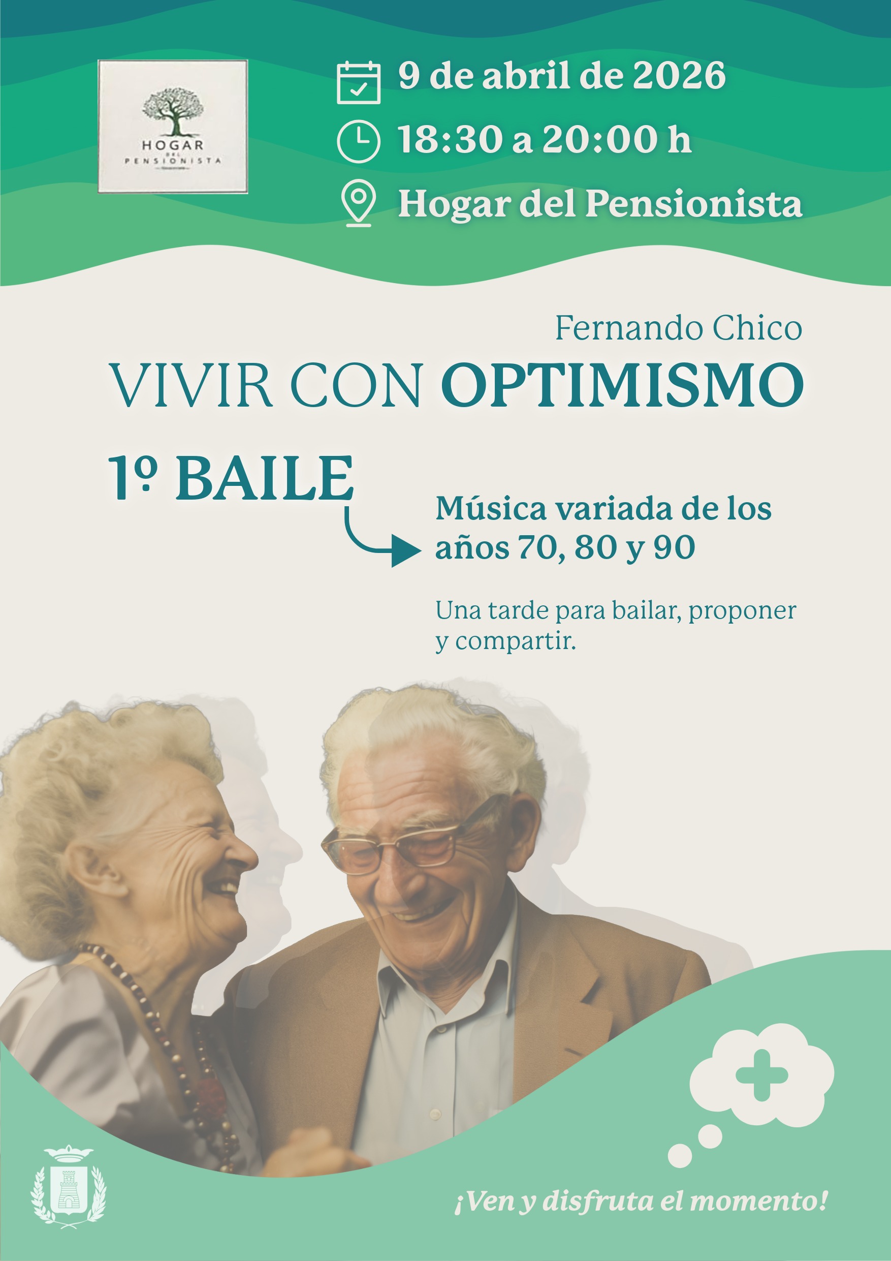 "Vivir con Optimismo": llega a Navacerrada el primer baile para mayores de la mano de Fernando Chico El Ayuntamiento de Navacerrada, en colaboración con la Asociación de Mayores, pone en marcha una nueva actividad pensada para disfrutar, compartir y conectar: "Vivir con Optimismo", un espacio de encuentro y movimiento que arranca con su primer baile el próximo 9 de abril de 2026. De la mano de Fernando Chico, los participantes podrán bailar y disfrutar de una selección de música variada de los años 70, 80 y 90, en un ambiente cálido y animado, perfecto para reencontrarse con los mejores ritmos de siempre. Programa de la sesión La actividad se desarrollará entre las 18:30 y las 20:00 horas con el siguiente esquema: 18:30 h — Presentación. Breve introducción a la actividad, su finalidad y su espíritu. Durante la actividad — Propuestas. Los participantes tendrán a su disposición un cuaderno en sala para anotar sugerencias e ideas para futuras sesiones. Al cierre — Valoración. Al finalizar el baile se realizará una breve evaluación colectiva y se recogerán todas las propuestas. 20:00 h — Cierre. Una actividad que nace con vocación de continuidad, donde la música, el movimiento y el buen humor son los protagonistas. ¡Anímate y ven a vivir con optimismo! 📅 Fecha: 9 de abril de 2026 ⏰ Horario: 18:30 a 20:00 h 📍 Lugar: [INSERTAR LUGAR] 🎵 Música: Variada años 70, 80 y 90 👥 Organiza: Asociación de Mayores de Navacerrada