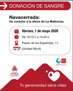La unidad móvil estará estacionada en el Paseo de los Españoles, nº 11, en horario de 10:15 h a 13:45 h. Donar sangre es un gesto sencillo, rápido y vital. Cada donación puede salvar hasta tres vidas y es fundamental para mantener las reservas de nuestros hospitales en niveles óptimos. En una fecha tan señalada como el primer día de mayo, queremos demostrar que la solidaridad de los vecinos de Navacerrada no tiene límites. Requisitos básicos para donar: Tener entre 18 y 65 años. Pesar más de 50 kg. Estar bien de salud y no acudir en ayunas. Llevar el DNI o documento identificativo.