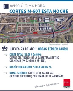 Cortes totales y cierres de ramal en la M-607
