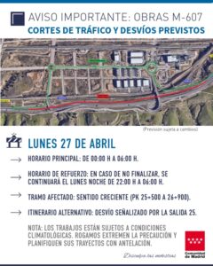 Aviso de cortes de tráfico en la M-607 por las obras del Tercer Carril