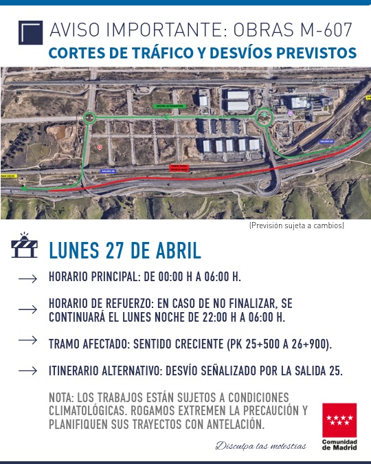 Aviso de cortes de tráfico en la M-607 por las obras del Tercer Carril