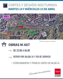 Cortes y desvíos nocturnos en la M-607 por las obras del tercer carril