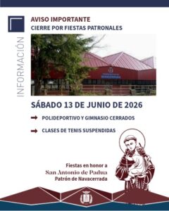 Cierre provisional del Polideportivo y Gimnasio Municipal el sábado 13 de junio por las Fiestas de San Antonio