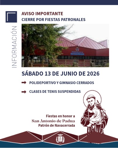 Cierre provisional del Polideportivo y Gimnasio Municipal el sábado 13 de junio por las Fiestas de San Antonio